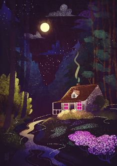 a painting of a house in the woods at night