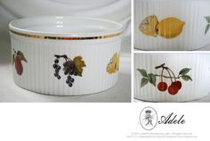 three pictures of fruit on white dishes with gold trimmings and leaves, including cherries