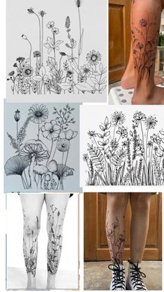 four different pictures with flowers and plants on them, one is drawn in black ink