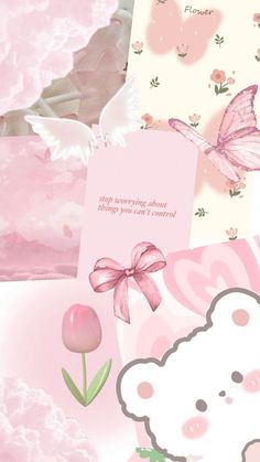 pink and white greeting cards with butterflies, flowers, and clouds in the back ground