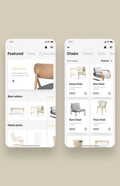 two iphone screens showing furniture and accessories on the same screen, one with an image of chairs