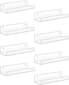 six white shelves are shown with one shelf on each side and the other in different positions