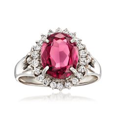 Ross-Simons - C. 1990 Vintage 3.08ct Rhodolite Garnet Ring, .32ct t. w. Diamonds. Size 6.5. C. 1990. From our Estate collection, this glamorous 3.08 carat oval rhodolite garnet ring offers such a sophisticated way to wear pink. Beautiful in color and sparkle, both amplified by a classic .32 ct. t. w. round brilliant-cut diamond halo. Crafted in polished platinum. 1/2" wide. Diamond and rhodolite garnet ring. Exclusive, one-of-a-kind Estate Jewelry. Garnet birthstones are the perfect gift for Jan Rhodolite Garnet Ring, Garnet Birthstone, Fine Jewelery, Garnet Ring, Rhodolite Garnet, Garnet Rings, Diamond Halo, Wear Pink, Round Brilliant Cut Diamond