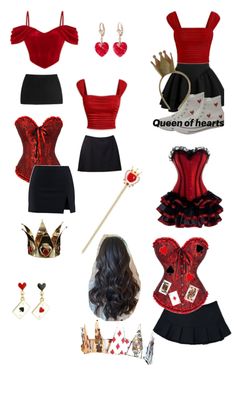 a collage of red and black corsets, hats, gloves, hair clips, lipstick, earrings