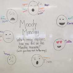 a white board with writing on it that says mood monday which emo explains how you feel on this monday morning