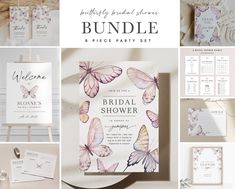 the wedding stationery is shown with butterflies on it and in front of them, there are