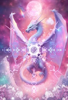 a blue dragon sitting on top of a pink and purple background with stars in the sky