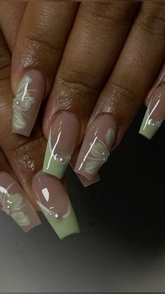 White Acrylics Design, Aesthetic Sage Green Nails, September Birthday Nails Acrylic, Tiana Green Nails, Almond Nail Inspo Green, Tropical White Nails, Sage Green Cow Print Nails, Dominican Republic Nail Ideas, Green Nails Simple Design