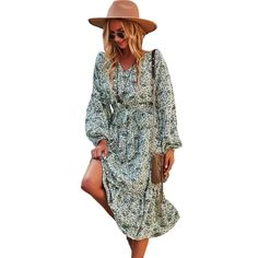 Green Floral Print Tie Waist Long Sleeve Swing Dress Floral Print Midi Dress For Fall Vacation, Fall Floral Print Midi Dress For Vacation, Floral Midi Dress For Fall Vacation, Fall Vacation Midi Dress With Floral Print, Fall Beach Midi Dress With Long Sleeves, Green Bohemian Midi Dress For Fall, Green Floral Print, Dresses Floral, Floral Dresses