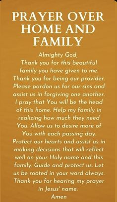 a prayer card with the words prayer over home and family