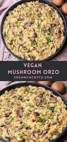 two pans filled with mushroom orzo next to some mushrooms and other food items