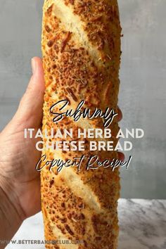 a hand holding a piece of bread in it's middle with the words, bursway italian herb and cheese bread crepier recipe