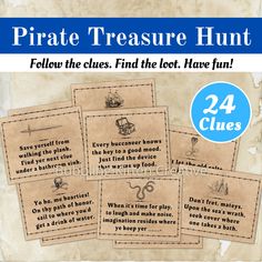 four pirate treasure hunt cards with instructions