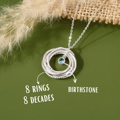 "80th birthday necklace for women,  8 rings for 8 decades, 1943 birthday, 80th mum, Gift for 80 Yr Old Woman For Sister, Mom, Wife, Friend   This distinctive ring necklace can be a heartfelt gift for a loved one's 80th birthday or for any other important occasion or any other day - for women: mom - mummy - sister - nanny - grandma - nan - granny All eight rings are connected and can move independently. Circles represent infinite love, strength, unity and protection.  We handcraft this necklace with eight tiny links, giving each linked ring a different texture to represent each year of love. - Materials: Chain and pendant are 100% sterling silver and are also available with 18K yellow or rose gold plate. - Measurements: Each ring's diameter measures approx. 3/4\"\" (20mm), the thickness of Adjustable Birthstone Necklace For Anniversary, Adjustable Birthstone Necklace For Anniversary And Mother's Day, Adjustable Silver Birthstone Necklace For Anniversary, May Birthstone Necklace For Anniversary, Necklace With Kids Names, Crescent Moon Necklace Gold, Mother Necklace Personalized, World Map Necklace, World Necklace