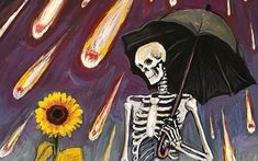 a painting of a skeleton holding an umbrella next to a vase with a sunflower