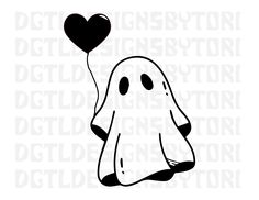 a ghost holding a heart shaped balloon with the word digital stamper in black and white