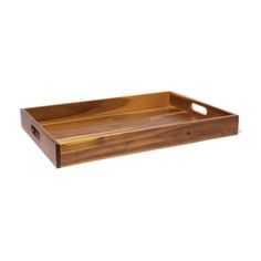 a wooden tray on a white background