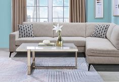 a living room scene with focus on the couch and coffee table