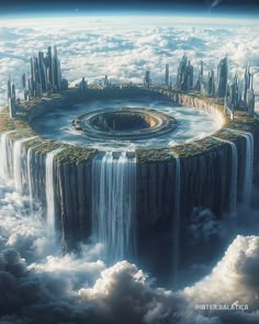 an artist's rendering of a futuristic city in the sky with waterfalls and clouds