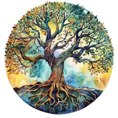 a painting of a tree with its roots in the center and watercolors on it