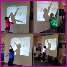 four pictures of children doing numbers on a whiteboard