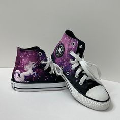 Girls High Top Chuck Taylor Converse With Unicorns Size- Us 12 Girls, Uk 11.5, Eur 29, Cm 18 Colors Are Purple, Black And White Almost Look Brand New! Purple High-top Sneakers For School, Cute Purple Round Toe Sneakers, Converse Purple Sports Sneakers, Purple Converse Sneakers For Sports, Cute Purple Sneakers For School, Purple Low-top Sneakers For School, Chuck Taylor Converse, High Top Chucks, All Star Converse