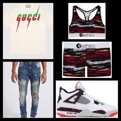 a collage of different items including shorts, t - shirt and sneakers with the word gucci written on them