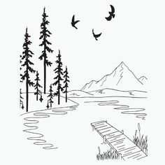 a black and white drawing of birds flying over a lake with a dock in the foreground