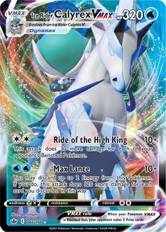 a card with an image of a white and blue horse on it's back