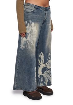 These jeans have a soft washed denim construction, a bleached floral pattern on the front and back, a wide leg silhouette, front and back pockets, and a front zipper and button closure. Current Mood Clothing, The Terrace, Halloween Sale, Current Mood, Washed Denim, Printed Denim, Dolls Kill, Denim Wash, Wide Leg Jeans