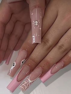 Cute Halloween Nails With Gems, Dog Groomer Acrylic Nails, Pretty Pink Nails Acrylic Long, Retro Aesthetic Nails, Jewel Spider Nails, French Tip Nails With Design Birthday, Spooky Glam Nails, Long Square Gel X Nails, 1 Year Anniversary Nail Ideas