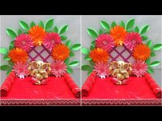 two pictures of an elephant and flowers on a red table cloth with green leaves in the background