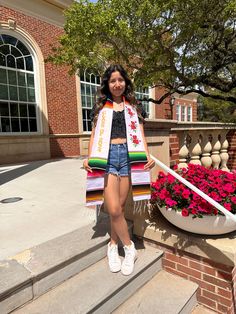 "Your hard work has paid off and it is now time to celebrate. Rock this sarape stole for your graduation pictures, graduation ceremony, and graduation festivities. This is a perfect gift for upcoming grads.  Personalization can be added on the bottom 2 squares with the \"Add Personalization\" option.  This Mexican Graduation Stole measures: 80 inches by 6 inches. Made in México This stole is ready to ship same or next business day.  Don't wait until the last minute, get yours today! If you have Affordable Customizable Graduation Stole, White Graduation Gown, Senior Year Planning, Mexican Graduation, Senior Sash, Pictures Graduation, Year Planning, Graduation Gown, Graduation Stole