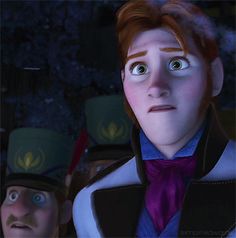 an animated character with red hair and blue eyes looks at another character in the background