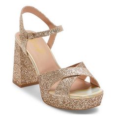 These Pop women's Cultured heeled sandals are a glam showstopping style for a special event. Featuring a gold-tone glitter base and strappy open-toe design, this pair has a high platform heel and an ankle strap closure. Wear them with a mini dress or skinny jeans and a satin cami.Features: GlitterClosure Type: BucklePlatform Shoe Height: 1 InchShoe Heel Height: 2 InchesUpper/Outer Base Material: 100% PolyesterShoe Lining Material: PolyurethaneSole Material Content: 60% Polyester, 40% Polyurethan Rose Gold Platform Heels, Wedding Shoes Wedges, Rose Gold Wedding Shoes, Sandals Glitter, Wedge Wedding Shoes, Gold Platforms, Women Heels, Satin Cami, Wedding Heels