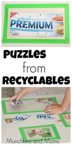 two pictures with the words puzzles from recyclables on them and an image of