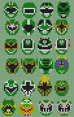 a cross stitch pattern with green and black masks on it's face, in different colors