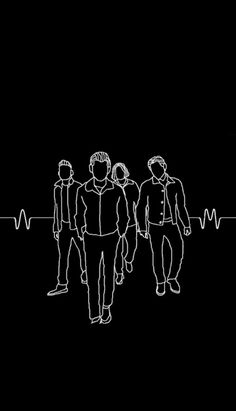 a line drawing of three people standing next to each other on a black background with white lines