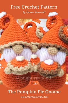 two crocheted gnomes wearing orange hats and white pants, with the title free crochet pattern by lauren jwork