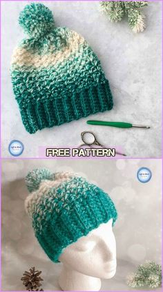 two photos showing the same hat with different colors and sizes, one has a pom - pom on it