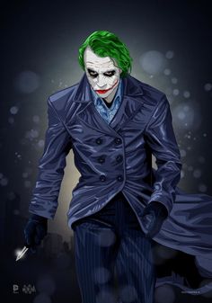 the joker with green hair is dressed in a blue suit and holding a knife to his chest