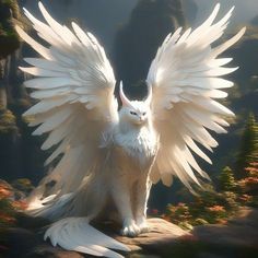 a white cat with big wings sitting on top of a rock