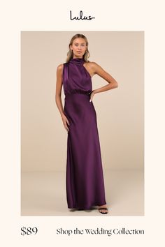 a woman in a long purple dress with the words shop the wedding collection on it