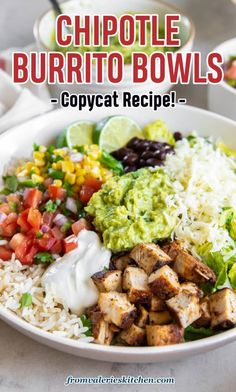 a bowl filled with chicken, rice and guacamole on top of a table