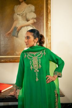 3 piece suit comes with matching pants, and dupatta. Shirt length: 45 inches The shirt and pants are made of pure raw silk and the dupatta is organza. This item includes the following handwork: aari, kora, and zardozi with pearls, sequins, and resham thread. This outfit including the sleeves is not see through. Orders cannot be changed or cancelled after 30 minutes of completion of the order. We do not offer returns or exchanges on this item. We cannot make any exceptions to this policy since th Patches Design, Desi Dress, Designer Punjabi Suits, Punjabi Outfits, Neck Embroidery, Indian Dresses Traditional, Dresses Traditional, Desi Wedding, Embroidery Suits