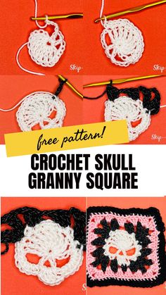 Crochet tutorial showing steps to make a white skull granny square with black and pink borders. Free Skull Granny Square Pattern, Skull Granny Square Pattern Free Crochet, Web Granny Square, Yarn Squares, Edgy Crochet, Granny Square Designs