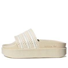 (WMNS) adidas Originals Adilette Bonega Slippers 'Beige White' GZ4328 (Women's/Thick Sole) Beige Synthetic Slides With Cushioned Footbed, Beige Summer Beach Sneakers, Comfortable Beige Synthetic Slides, Cream Cushioned Sneakers For Summer, Beige Slip-on Sneakers For The Beach, Adidas Sporty Sport Sandals For Spring, Beige Synthetic Slides With Textured Sole, Comfortable Cream Sneakers For Summer, Summer Cream Comfortable Sneakers