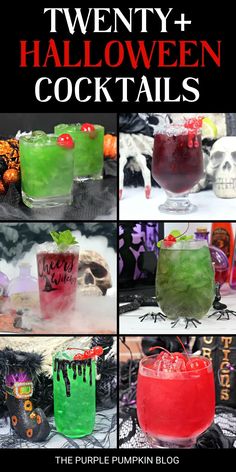 halloween cocktails with spooky decorations and text that reads, twenty + halloween cocktails the purple pumpkin blog