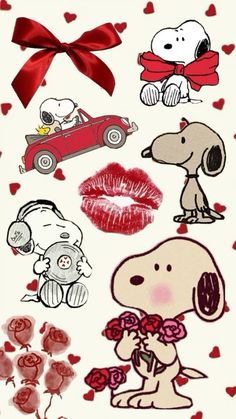 snoopy valentine's day stickers on a white background with red bows and hearts