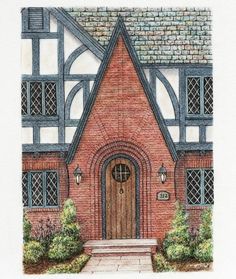 a drawing of a red brick house with blue trim and arched windows on the front door